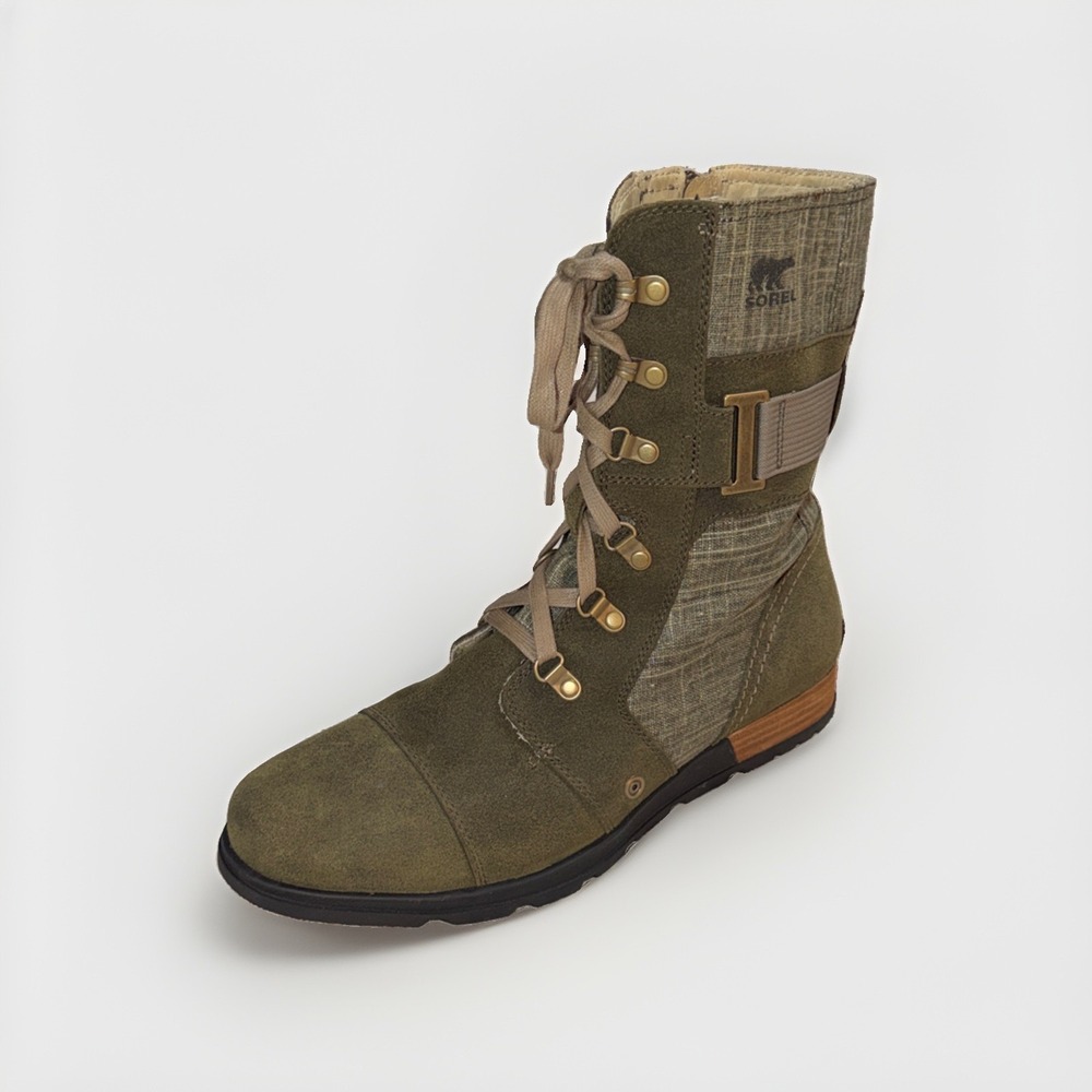 Sorel Major Carly Olive Green Suede Canvas Military Lace Up Boots Womans Size 11